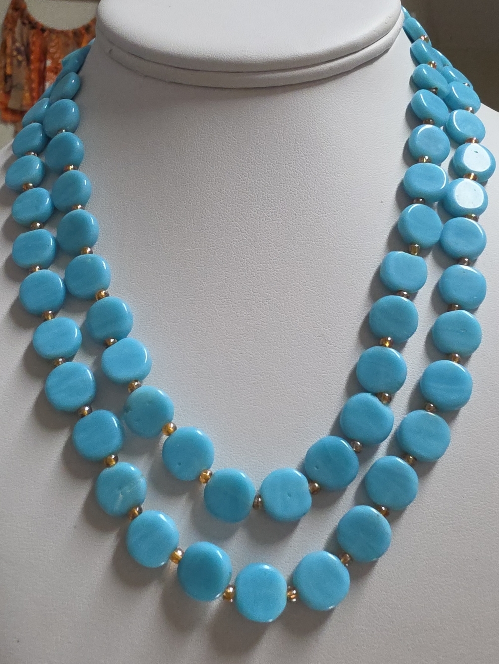 Vintage Turquoise Blue Glass Coin Bead Necklace Double Strand Hook Clasp